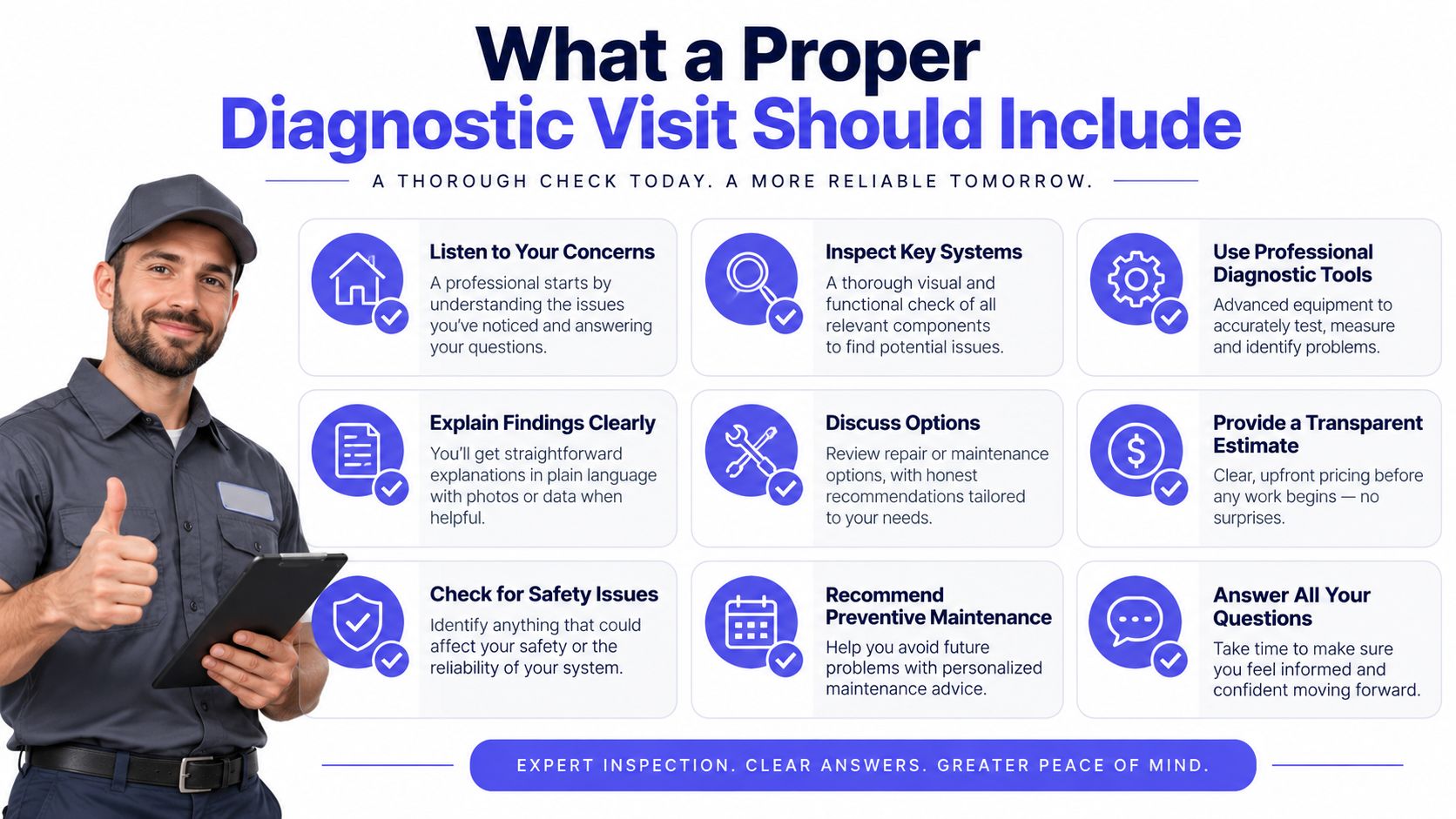 A professional technician giving a thumbs up next to a list of steps for a diagnostic visit.