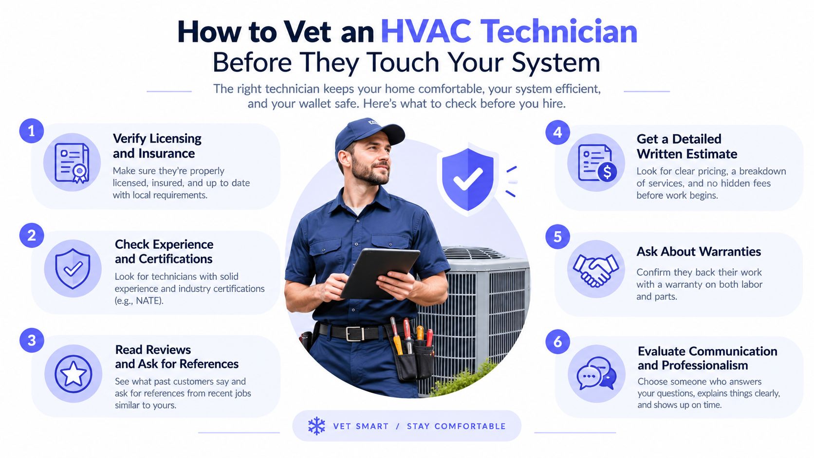 A professional infographic outlining six essential steps for vetting and hiring a qualified HVAC service technician.