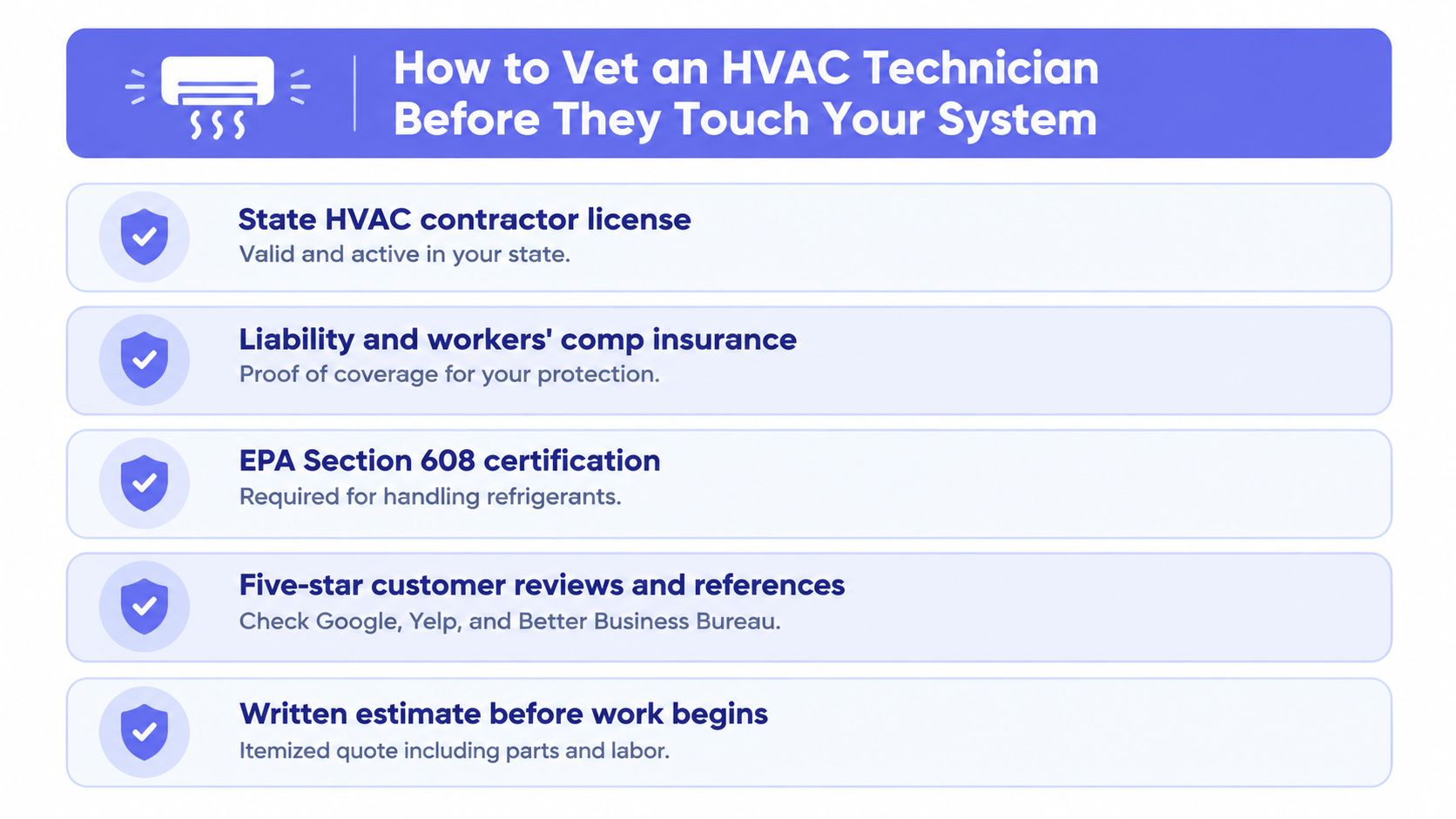 A checklist infographic outlining five essential professional qualifications to verify before hiring an HVAC technician.