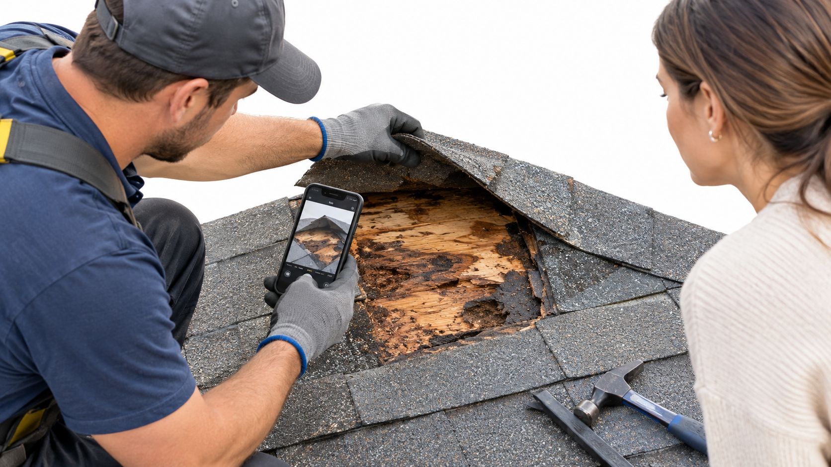 A professional roofing contractor using a smartphone to document roof damage for a concerned homeowner.