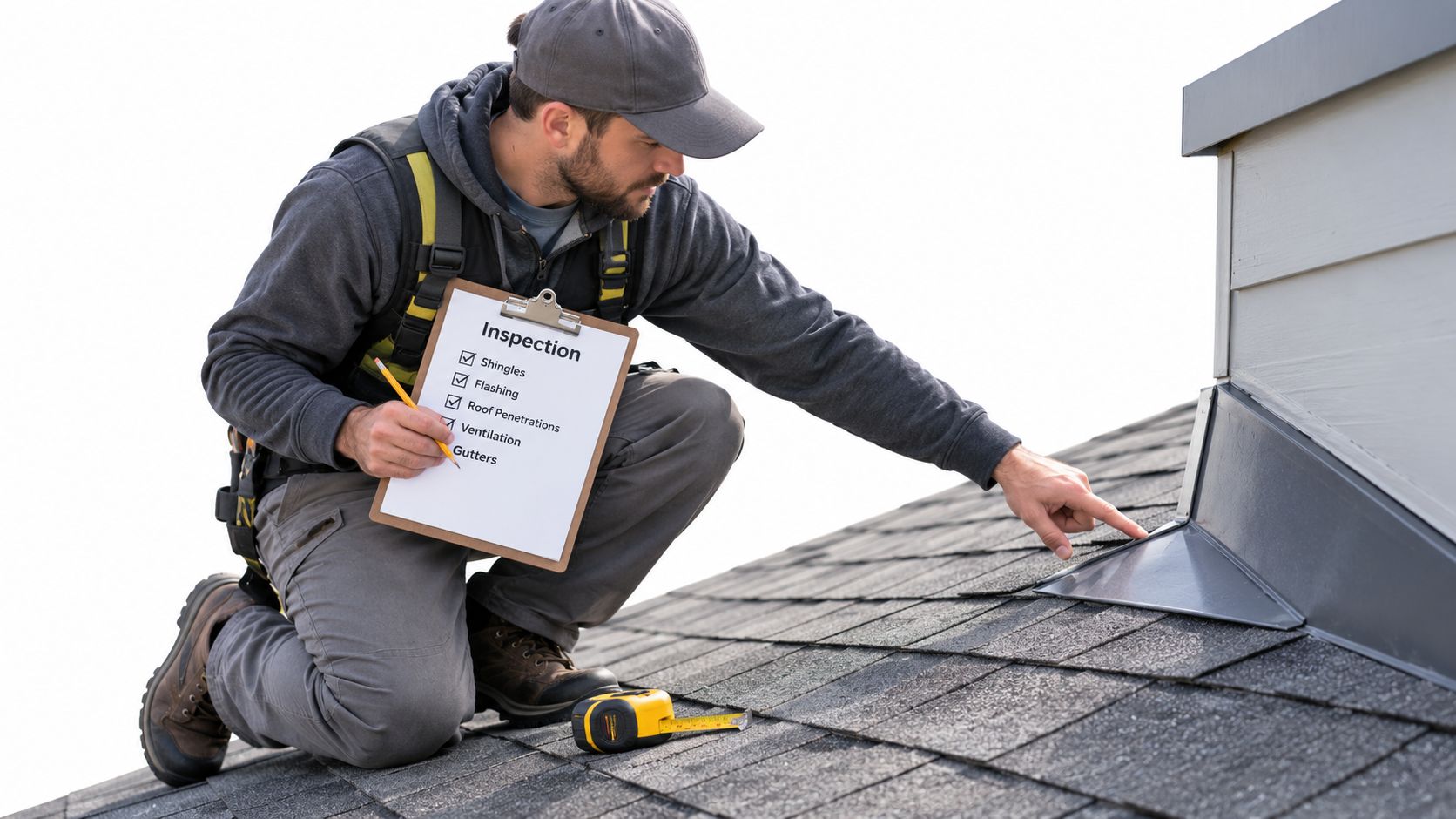 A professional roofing contractor inspecting a roof chimney flashing while holding an inspection checklist clipboard.