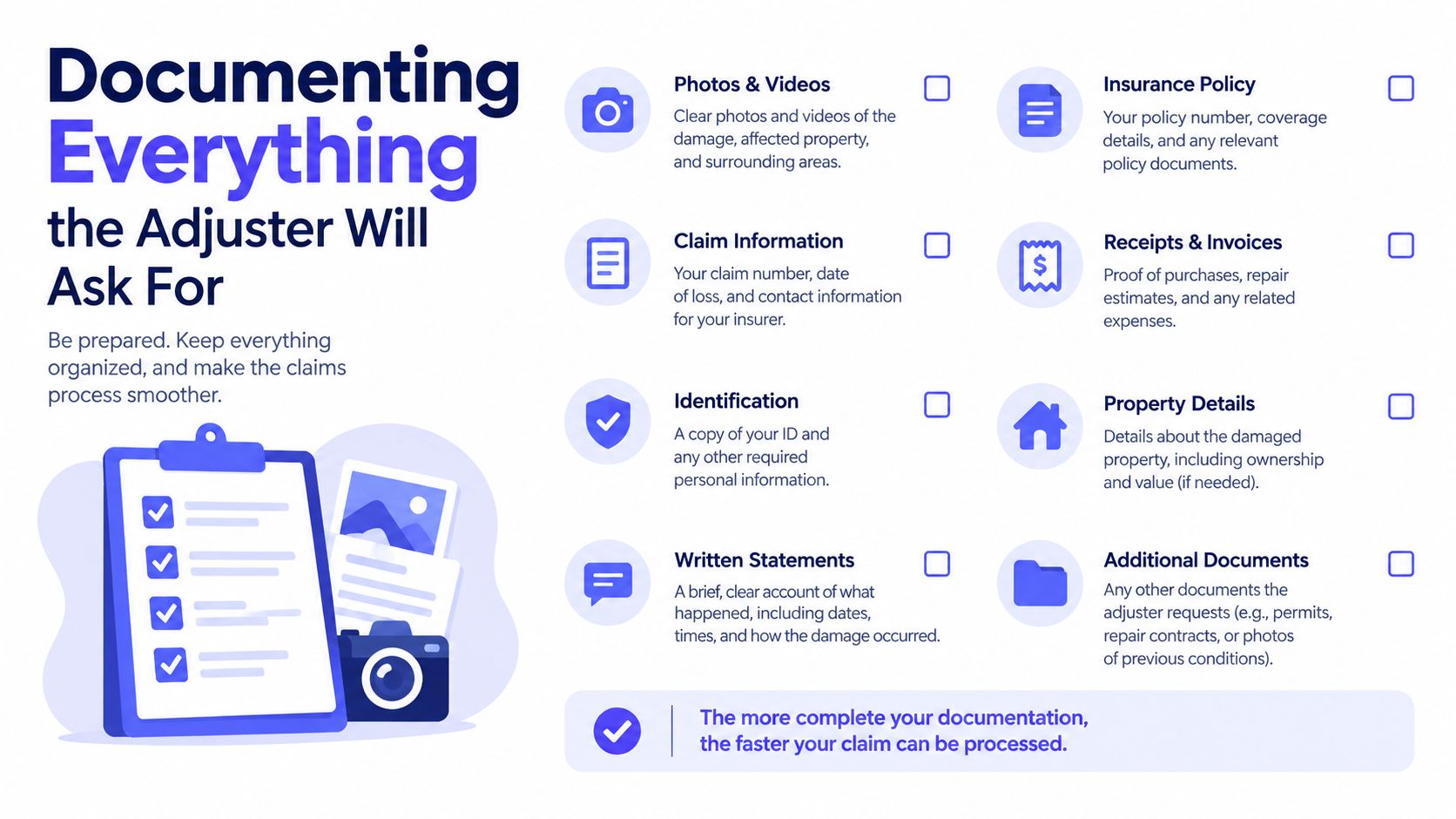 A helpful checklist infographic explaining essential documentation required by insurance adjusters for filing a property claim.
