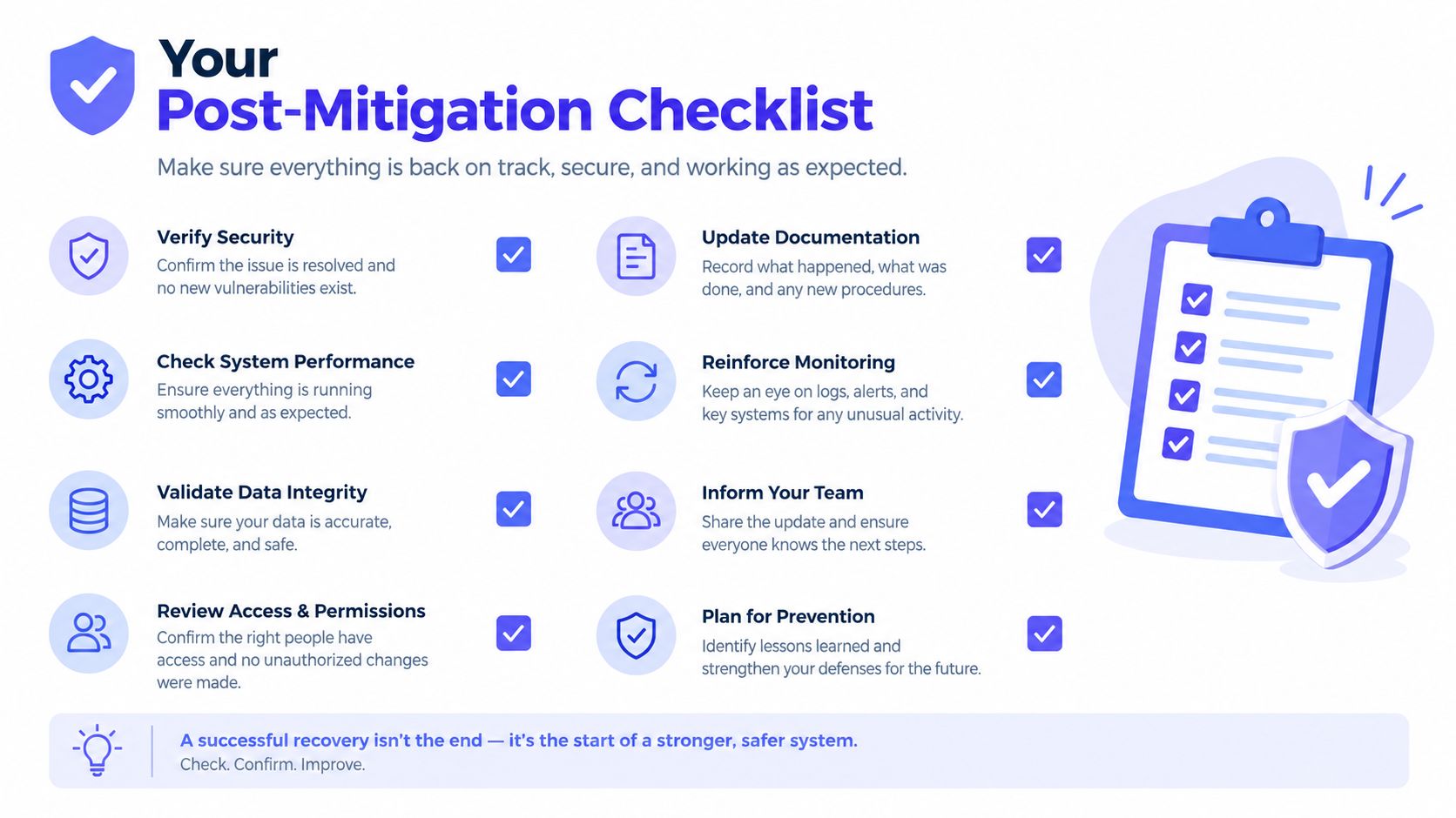 A Post-Mitigation Checklist infographic for IT security, outlining essential steps to verify systems after a security incident.