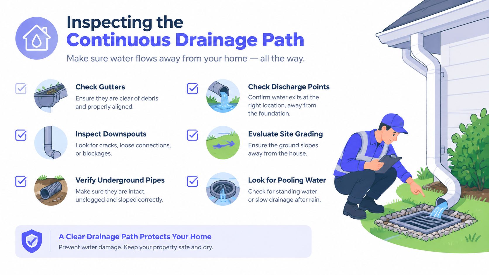A professional inspector checking home drainage systems to prevent water damage and ensure proper water flow.