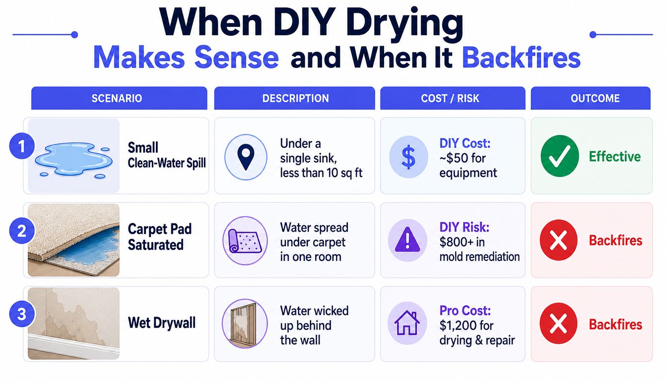 A chart comparing when to perform DIY drying versus when professional water damage repair is necessary.