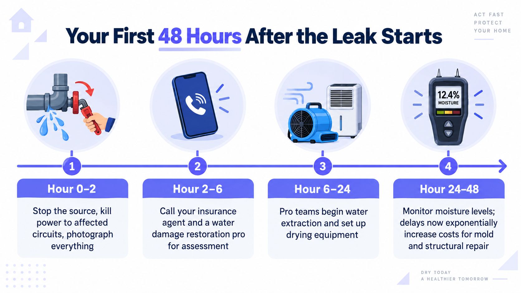 A four-step infographic illustrating the essential actions to take during the first 48 hours after water damage occurs.