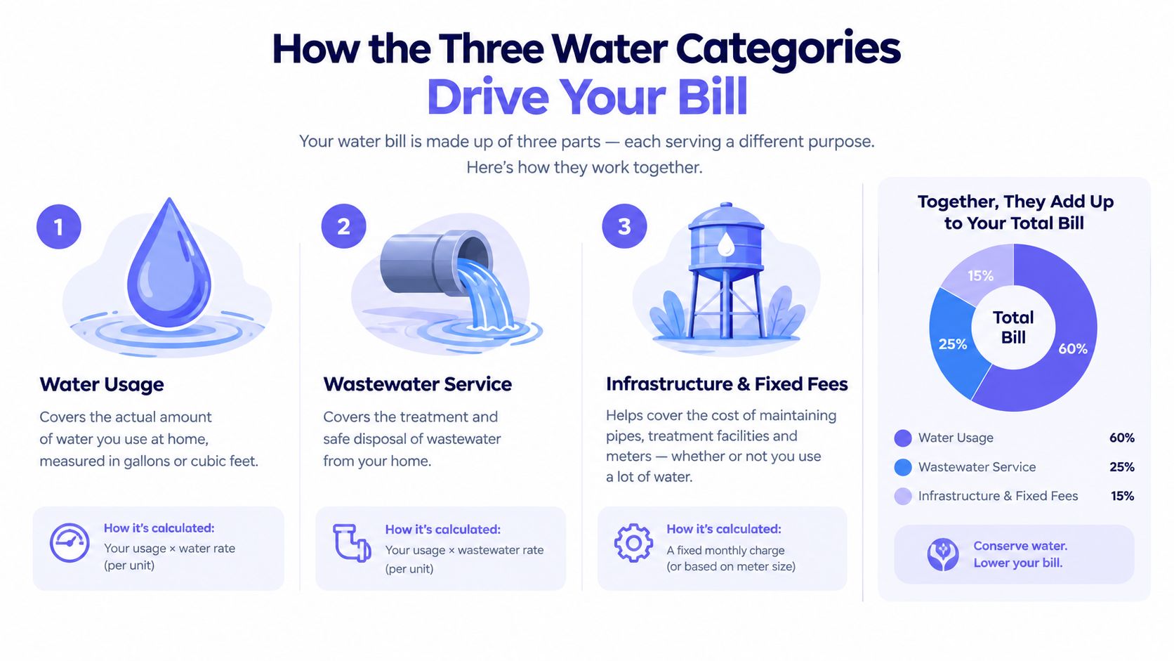 An infographic illustrating the three components of a water bill: usage, wastewater service, and infrastructure fees.