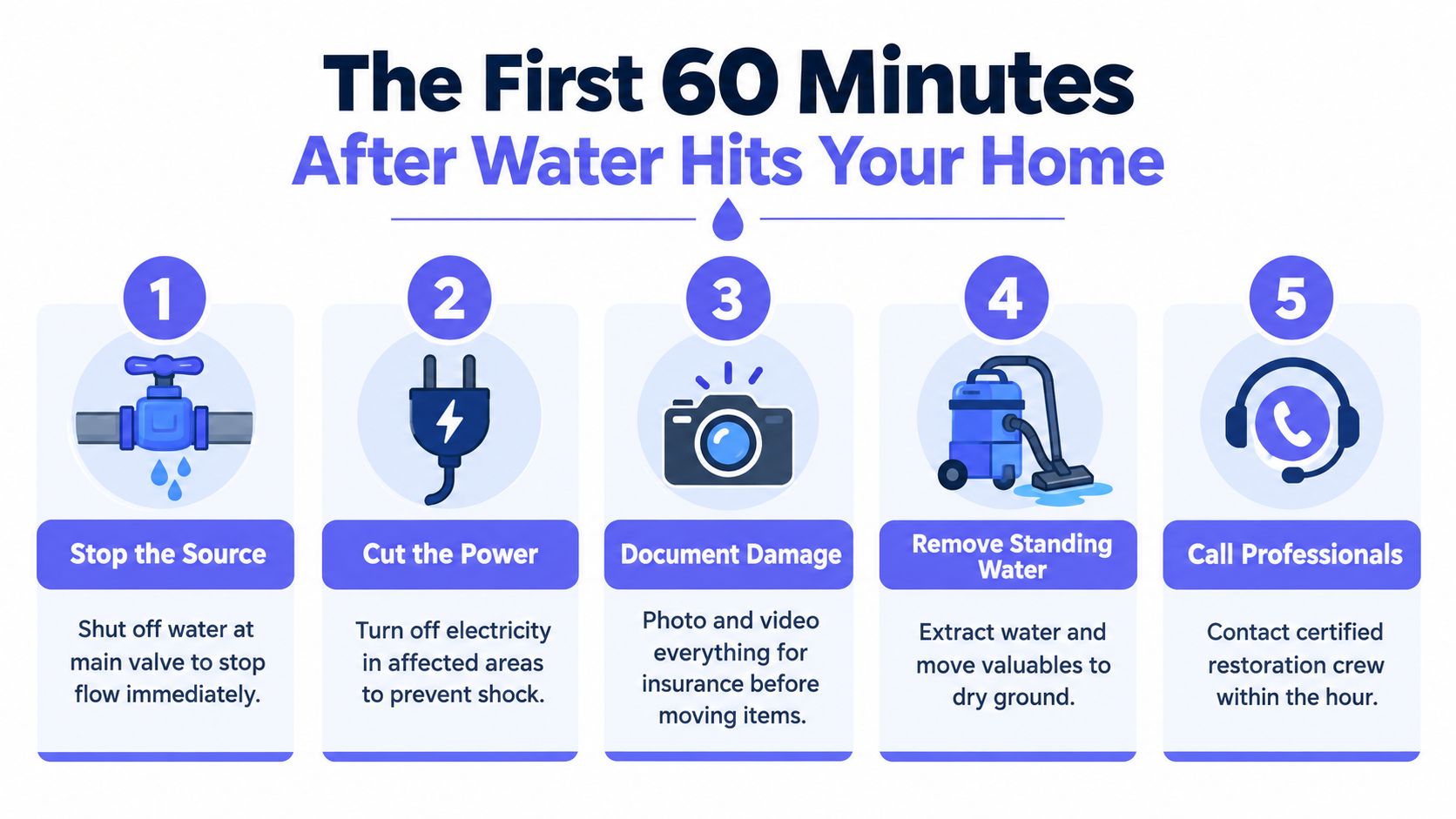 A five-step guide for homeowners detailing emergency actions to take immediately after water damage occurs.