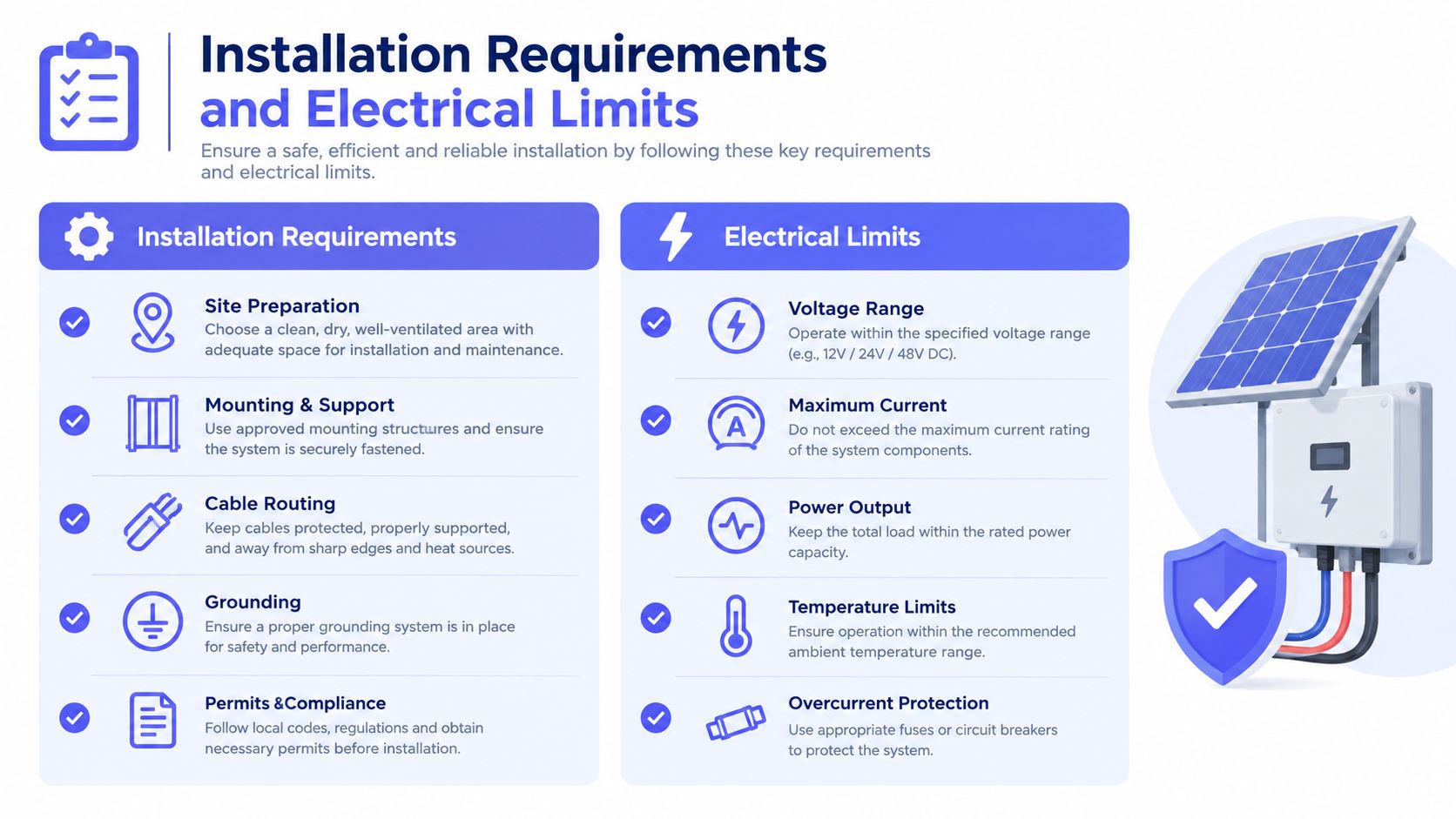 An infographic titled Installation Requirements and Electrical Limits detailing safety guidelines for installing solar energy equipment systems.