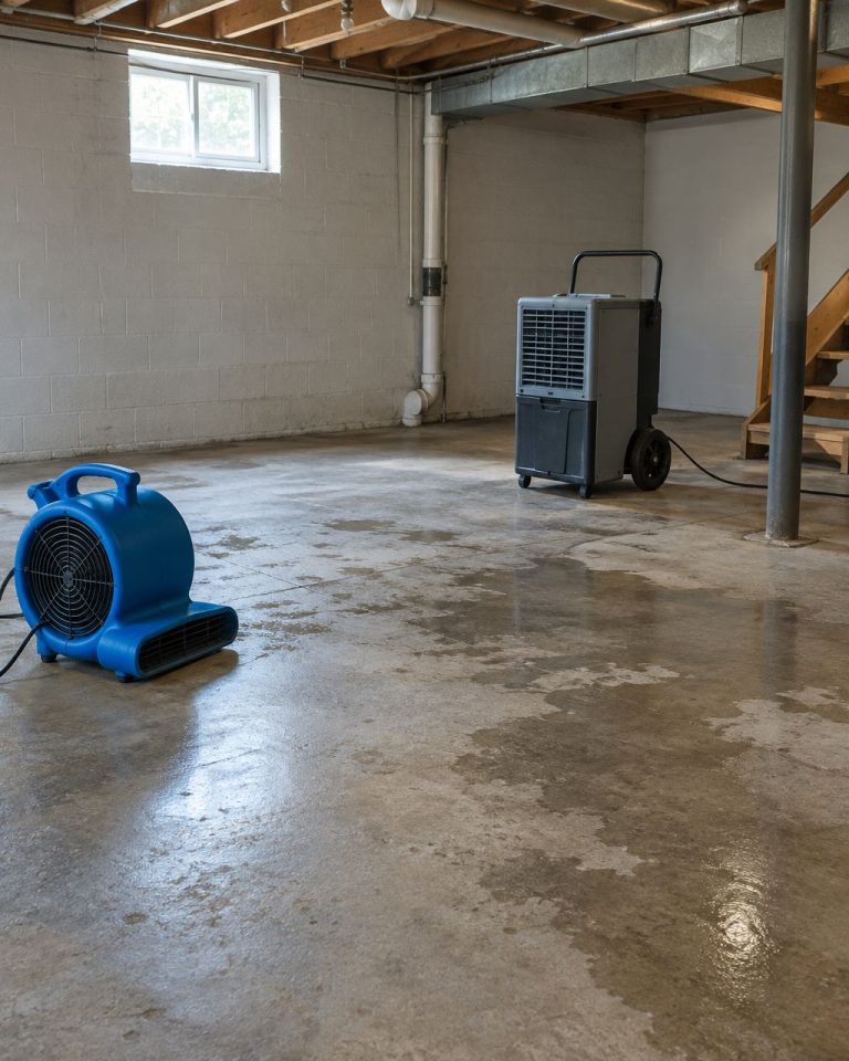 Basement drying equipment positioned after water removal