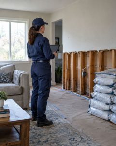 Restoration supervisor documenting removed water-damaged drywall