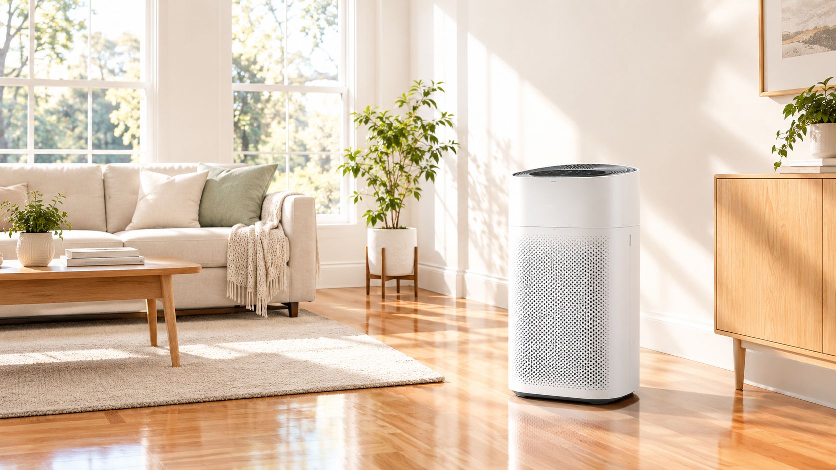 A modern white air purifier standing in a bright, sunlit living room with wood floors and furniture.